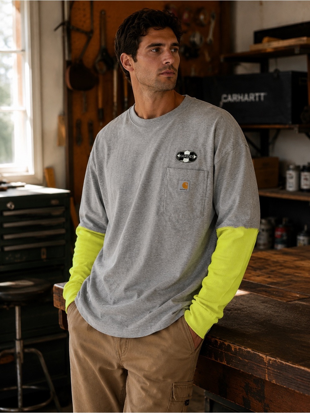 Carhartt K87 Custom Layered Pocket T-Shirt XL Gray Neon Yellow NWT Tee